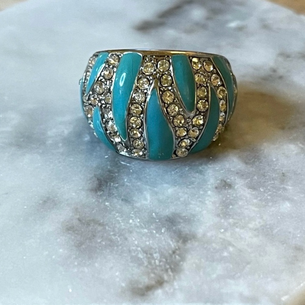 Anya Turquoise Aqua Enamel & Rhinestone Encrusted Tiger Stripe Silver Ring